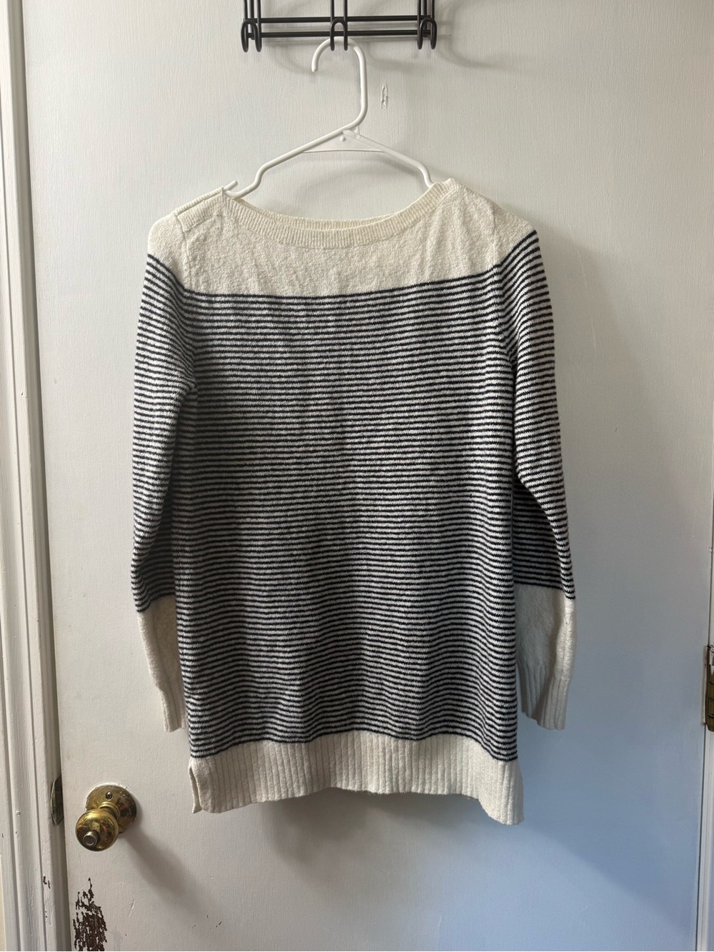 LOFT Navy and Cream Striped Crew Neck Sweater